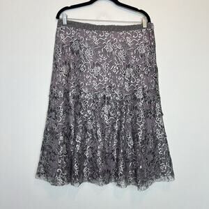 Sigrid Olsen metallic silver lace midi skirt tiered size 12 fairy whiimsygoth
